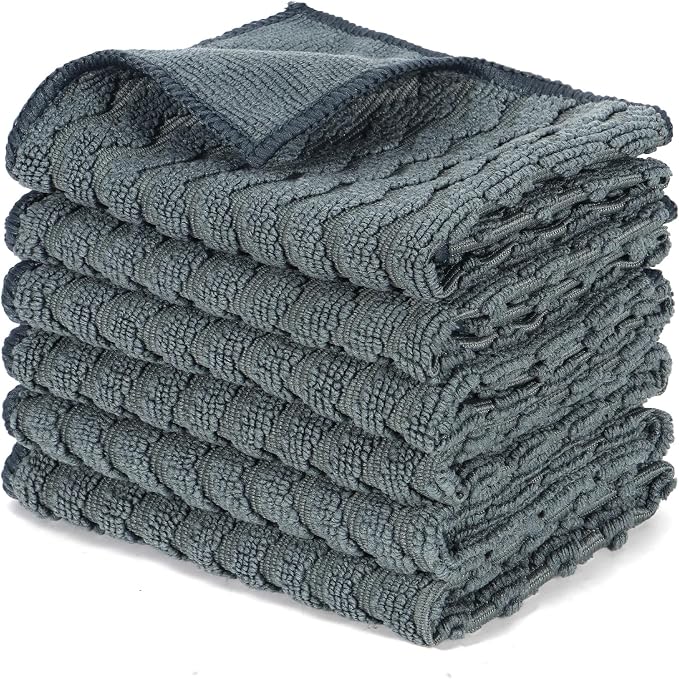 Dual-Sided Microfiber Cloths, 12x12 Lint-Free 6-Pack | Zig-zag side traps grease, soft side polishes. Streak & lint-free for home/auto. Stain-hiding grey, washable 12x12 6-pack.