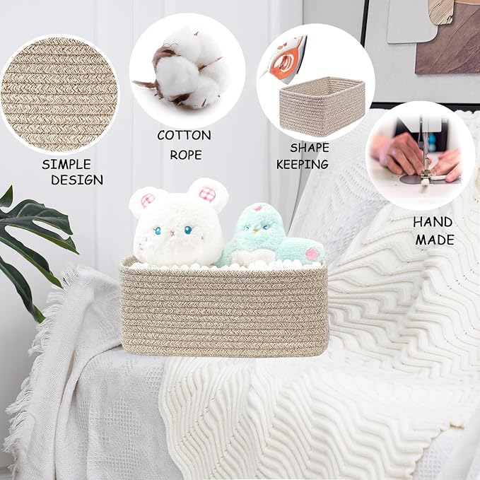 COMFY HOMI 11.5"x7.5"x4.7" Storage Baskets for Organizing | Cotton Rope Woven Basket | Toy Storage Bin Box | Basket for Shelves, Closet Organizer Bin, Decorative Closet Shelf, 3 Pack,