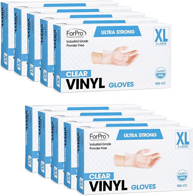 ForPro Disposable Vinyl Gloves, Industrial Grade, Powder & Latex Free, Non-Sterile, Food Safe, 2.75 Mil Palm, 3.9 Mil Fingers