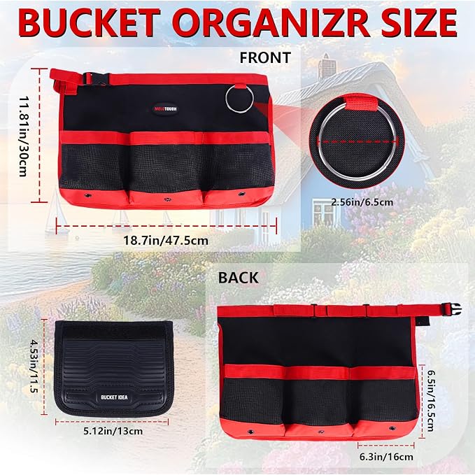MELOTOUGH Bucket Car Wash Tool Organizer for Garden | Multiple Compartments, Fit 3.5-5 Gal Buckets, Classic Red, Durable Mesh Pockets, Water-Resistant, Easy To Carry