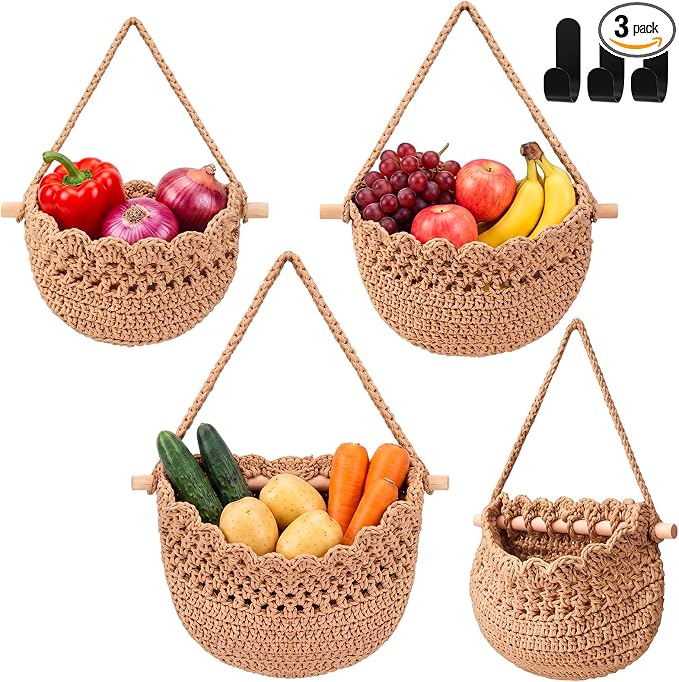 3 Hanging Baskets,Dark Brown,Lace,Cotton Rope | Wicker Wall Baskets with Hooks for Fruit Vegetable Onion Storage, Teardrop Organizer for Kitchen, Boho Farmhouse Decor