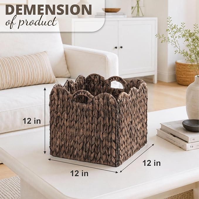 Set of 4 Foldable Scalloped Wicker Storage Cubes Basket, Storage Cube Bins -12"x12"x12", Collapsible Cube Organizers, Water Hyacinth Woven Bins for Bathroom, Bedroom, Shelves,...(Espresso Color)