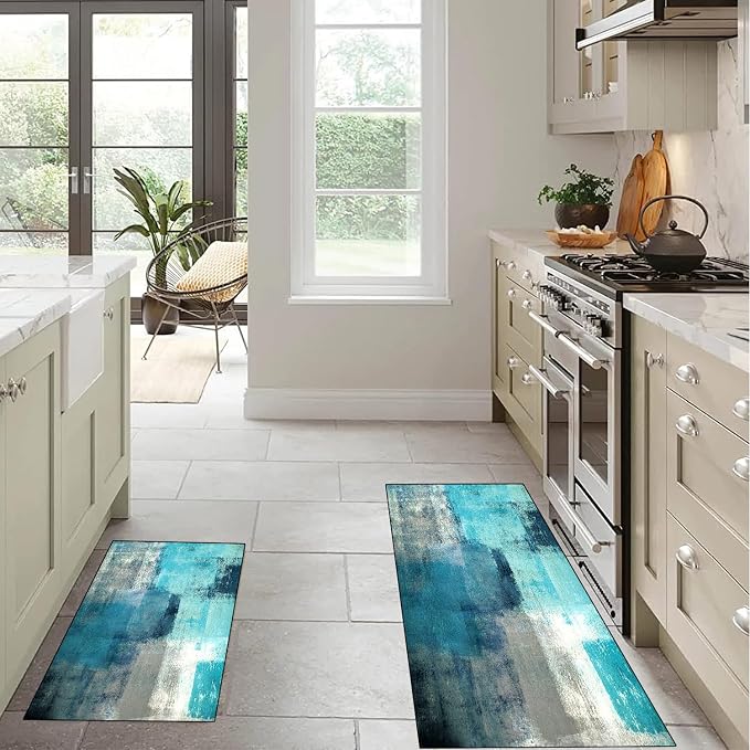 TOMWISH Teal Grey Abstract Art Kitchen Mat Turquoise Kitchen Rugs Sets 3PCS | 20"X32"+20"X48"+20"X59"Kitchen Mats for Floor Washable Non-Slip Kitchen Floor Mats Decor Dining Room Office