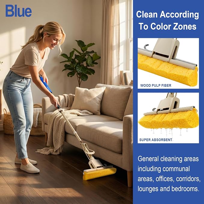 LILAC Cellulose Sponge Mop with 2 Replacement Heads,4-Color Handle for Zoned Cleaning, Super Absorbent Pop Up Roller Mop for Hardwood,Laminate Floors, Heavy Duty Floor Scrubber (Blue)