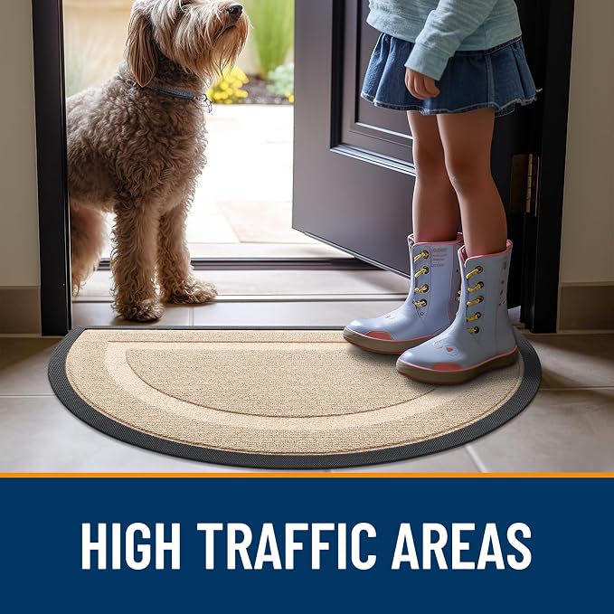 OLANLY Half Circle Front Door Mat Outside 33x21 All-Season Rubber Doormat | Off-White, Absorbent, Heavy-Duty, Stain Fade Resistant, Waterproof Non-Slip Backing, Low-Profile Indoor Outdoor Entryway Mat