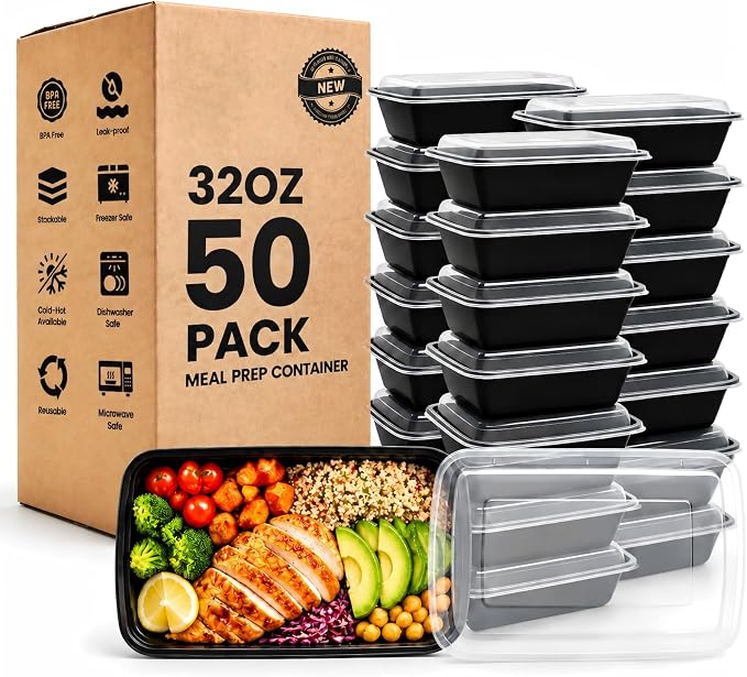 50 Pack 32 oz Meal Prep Containers Reusable BPA Free, Plastic Containers with Lids Microwave/Freezer/Dishwasher Safe, Disposable Food Storage Containers, To Go Containers Leakproof for Leftover