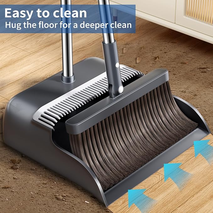 Broom with Dustpan Combo Set, Broom and Dustpan Set with 51.6" Long Handle & Two Broom Heads, Brooms with Dust Pan Teeth for Pet Hair, Indoor&Outdoor Sweeping, Home, Kitchen, Office