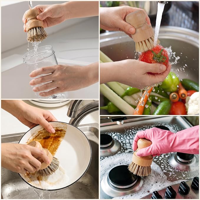 Wood Dish Brush, Natural Fiber Kitchen Scrubber with Ergonomic Grip, 3 Pack | Eco Palm Dish Scrub Brush Set, Natural Rubber Wood Grip Handle for Cleaning Dishes, Pots, Pans, Sink, Tableware, Vegetables