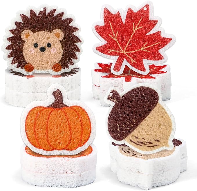 Whaline 8Pcs Fall Kitchen Sponges Pumpkin Maple Leaves Acorn Hedgehog Water Absorbing Dish Washing Sponge Non Scratch Cleaning Scrubbers for Autumn Thanksgiving Home Kitchen Decor