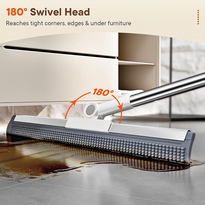 Floor Squeegee Broom with Rubber Scrubbing Teeth, 16 Inch 2-in-1 Magic Broom with 54 Inch Telescopic Long Handle, Shower Floor Squeegee for Bathroom, Kitchen, Tile, Concrete, Pet Hair