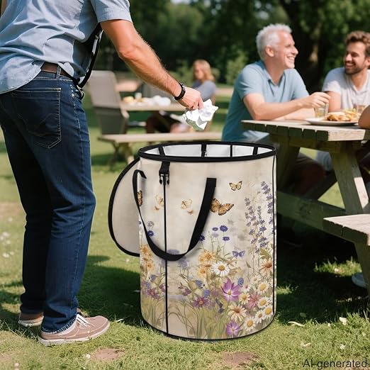 Daisy Butterfly Outdoor Trash Can with Lid Collapsible Camping Pop up Trash Can 24 Gallon Waterproof Foldable Garden Garbage Bin for Camping Hiking Backyard Parties 23 x 18 inch