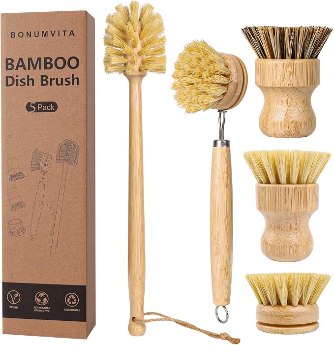 BOMUMVITA 5 Pack Bamboo Dish Brush Set with 14’’ Bottle Brush | Wooden Dish Brush with Natural Sisal & Palm Fiber, Natural Kitchen Scrub Brush for Dishes Pots, Pans, Sinks, Woks, Vegetables