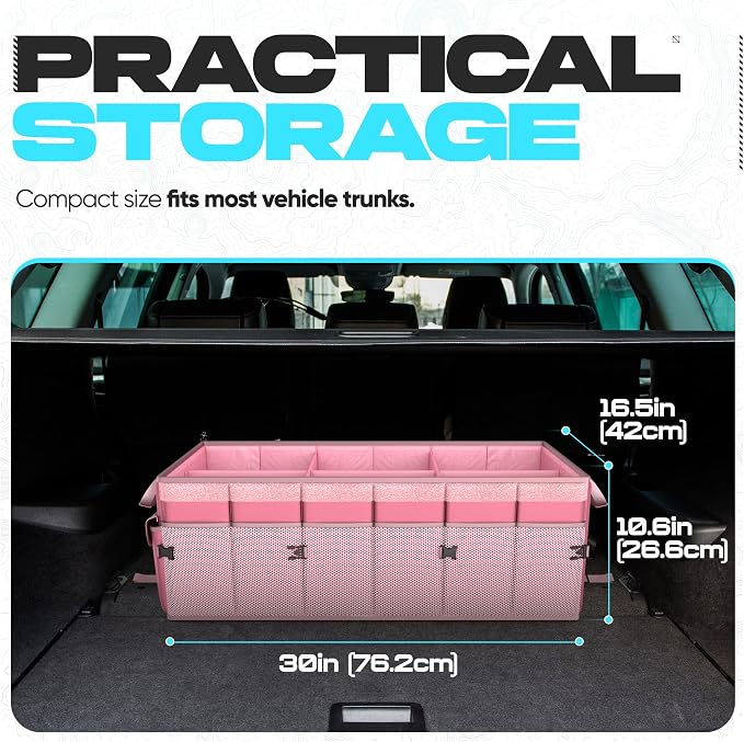 FORTEM Trunk Organizer - Foldable Car Organizer with Cooler for SUV, Trucks | Car Accessories for Men Women, Collapsible Bag, Non Slip Bottom, Straps, Soft Cover, 600D Oxford, Pink, 6 Compartments, 105L