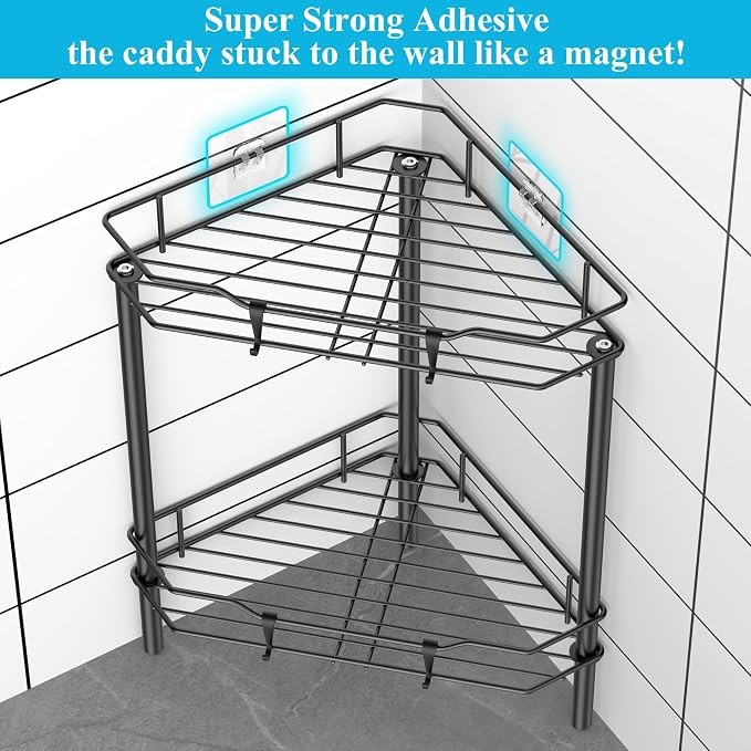 HuggieGems Metal Floor Standing Corner Shower Caddy, Black, 2 Tier | Adhesive Bathroom Organizer Shelves, Free Standing Shower Rack with Hooks, Hold Large Shampoo Bottles