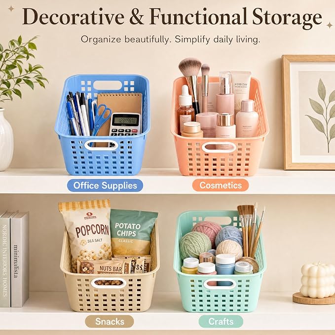 6 Pack Plastic Classroom Storage Baskets, Organizer Bins with Handle | Vintage Color 11" × 7.1" × 4.6" Medium Papers Book Storage Organizer for School Classroom Library Office Home Desktop Closets