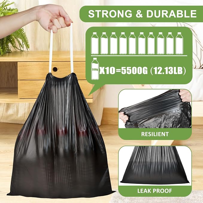 1.6 Gallon Small Trash Bags,132 Count Mini Drawstring Garbage Bags Unscented fit 4.5-8 Liter,1.3-1.6 Gallon Thick Plastic Wastebasket Liners for Bathroom Bedroom Office Toilet(Black)