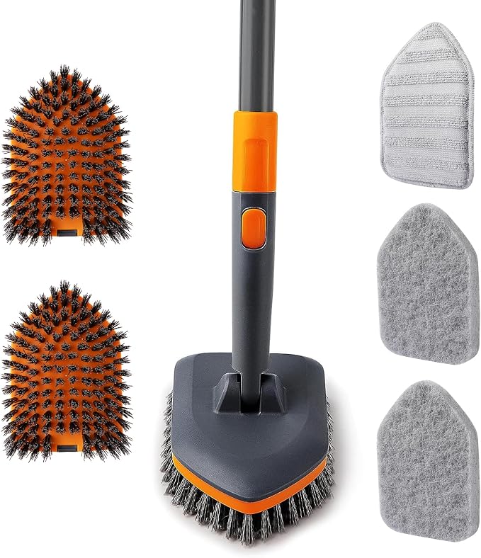 CLEANHOME Tile Tub Scrubber Brush with 3 Different Function Cleaning Heads and 56" Extendable Long Handle-No Scratch Shower Scrubber for Cleaning Bathroom Kitchen Toilet Wall,Bathtub,Sink