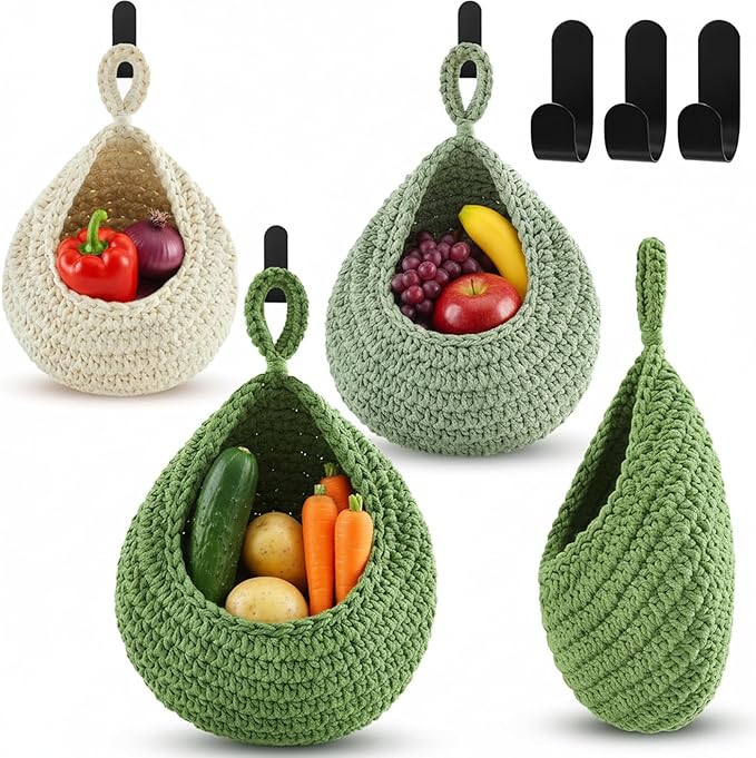 Honeydak 3 Hanging Baskets, Sage Green, Green, White, Teardrop, Cotton Rope | Wicker Wall Baskets with Hooks for Fruit Vegetable Onion Storage, Teardrop Organizer for Kitchen, Boho Farmhouse Decor