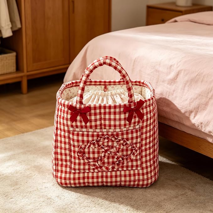 Boho Fabric Storage Basket Quilted Floral Print Baskets Organizer Bin with Handles for Home, Picnic, Shopping (A-Red 1, One Size)