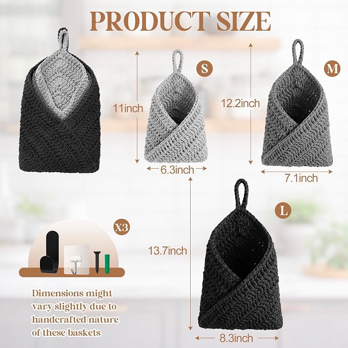 3 Hanging Baskets,Light Grey, White, Dark Grey,Triangle,Cotton Rope | Wicker Wall Baskets with Hooks for Fruit Vegetable Onion Storage, Teardrop Organizer for Kitchen, Boho Farmhouse Decor