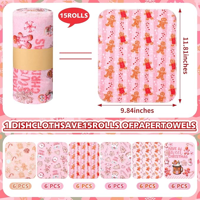 Reusable Kitchen Cloths Cotton Towel, 36 Pack, Pink Gingerbread | Washable 9.84x11.81in, Paperless Towel Rolls Bulk, Cleaning Cloth Napkins for Dishes