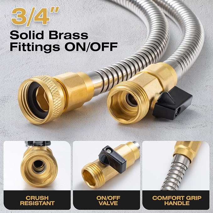 25FT Stainless Steel Metal Garden Hose - Lightweight, Kink-Free & Tangle-Free, Flexible with Brass Fittings, On/Off Valve, Pet Proof, Puncture Proof for Yard, RV, Car Washing (Silver)
