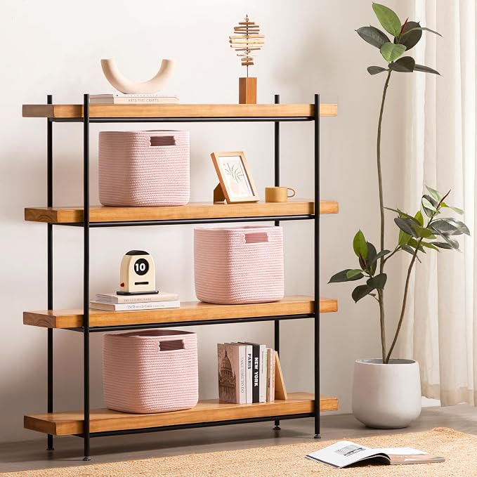 Dreamcountry 13x13 Cube Storage Bins, Storage Cubes with Handles, 4 Pack Cotton Rope Basket for Shelves, Cube Storage Organizer forToys, Book, Clothes, Home, Office, Nursery, Pink