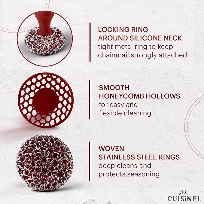 Cuisinel Cast Iron Chainmail Scrubber + Pan Scraper - The Patented Original Ergonomic Stainless & Silicone Pot & Skillet Cleaner - Premium Food-Safe Design - Easy Clean Dishwasher Safe Cookware Sponge