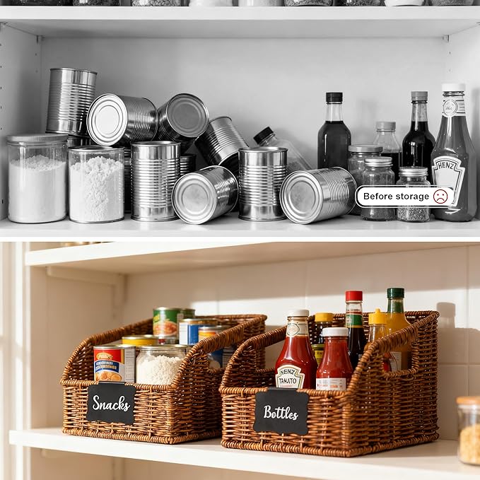 Brownlily Faux Wicker Pantry Storage Baskets, Brown-Single Set (3-Piece) | Handwoven Baskets for Organizing with Built-in Handles, All-Purpose Storage Baskets with Chalkboard for Shelves,Laundry Room