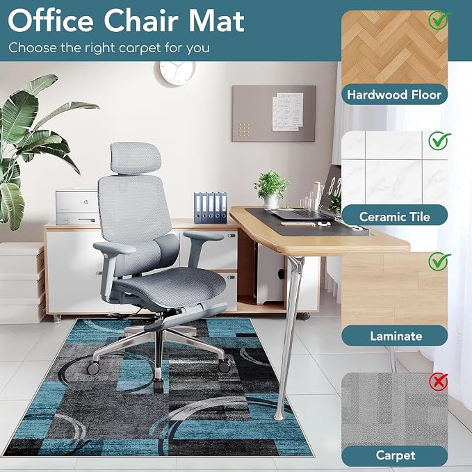Office Chair Mat for Hardwood Floor&Tile Floor,36"X 48"-Geo Blue Gray | Heavy Duty Desk Chair Mat for Hard Floors,Under Desk Rug for Rolling Computer Chair,Anti Slip,Low Pile Carpet Floor