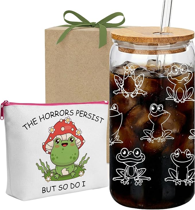 Funny Gift Frog Themed Cup set 16oz Glass with Bamboo Lid and Glass Straw, Frog Cosmetic Pouch with Mushroom Design Fairy's Glass Tumbler Mug Stuff for Women Mom Wife Pregnant Friend Girlfriend