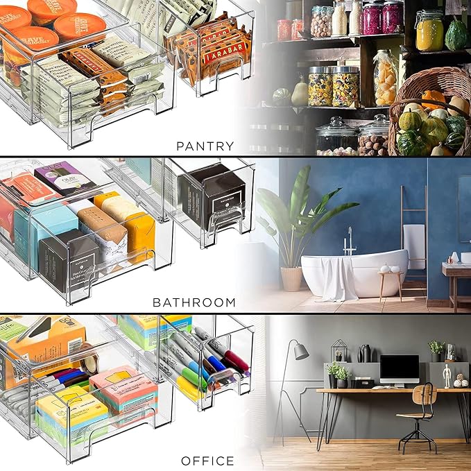 Sorbus Clear Stackable Storage Drawers with Handles (1 Medium + 2 Small) | Easy-access plastic organization for pantries, offices, bathrooms and closets; supports sorting and visibility.