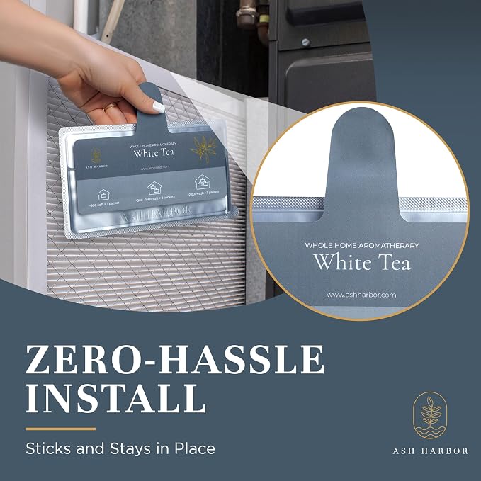 White Tea Whole House Air Freshener 6 Pack for AC and Furnace Filter Scent | Lasts Up to 4 Weeks, HVAC Scent Pads, Peel and Stick, Odor Eliminator for Home Vents, Ash Harbor Air Filter Freshener