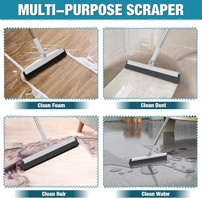 KOLLIEE Floor Squeegee 59" Adjustable Long Handle Professional with Hook Water Squeegee Foam Blade for Concrete Floor Tile Pet Hair Floor Wiper Grey