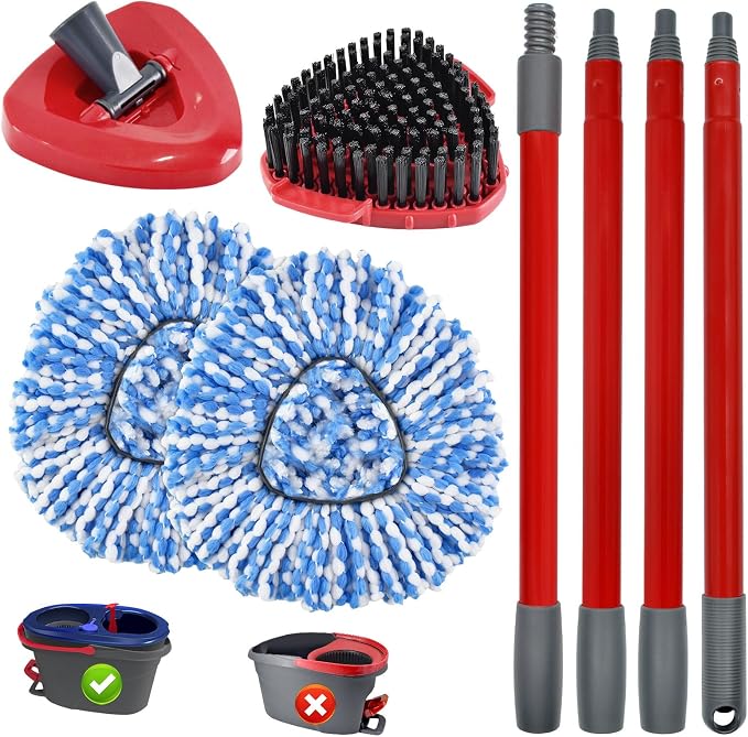 Mop Heads Replacement Scrub Brush and Base Spin Mop Handle Compatible with Ocedar RinseClean 2 Tank System Include 2 Mops Replace Head 1 Upgrade Brush 1 Base & 30-58" Adjustable Mop Stick (NO Bucket)