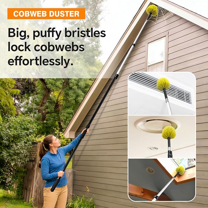 5-in-1 4-12Ft 4-Stage Telescoping Extension Pole Kit for Cleaning | Feather Dusters with Bristles for Outdoor Indoor, 4-Stage Spider Web Remover with Telescopic Pole for Ceiling Wall Yellow