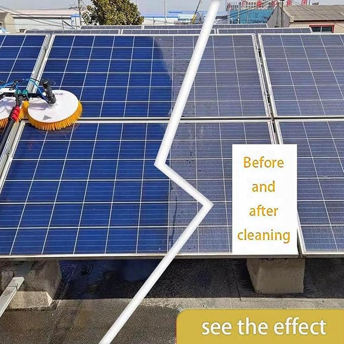 Solar Panel Cleaning Rotating Brush, 70cm Dual Head Photovoltaic and Solar Panels Water Fed Brush 110V Electric Spin Scrubber Adjustable Water Fed Pole Cleaning Kit for Window Glass,3M/9.84FT