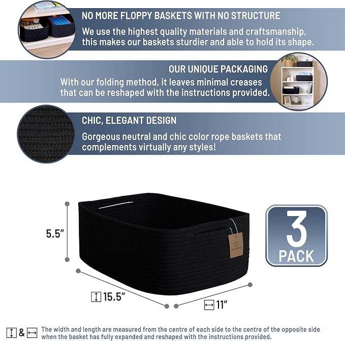 Woven Rope Baskets for Organizing, 3 Pack, 15.5 x 11 x 5.5" Storage Bins | Storage baskets and organizer bins for shelves, pantry, closet storage, toy organizer, bathroom storage, nursery, towels