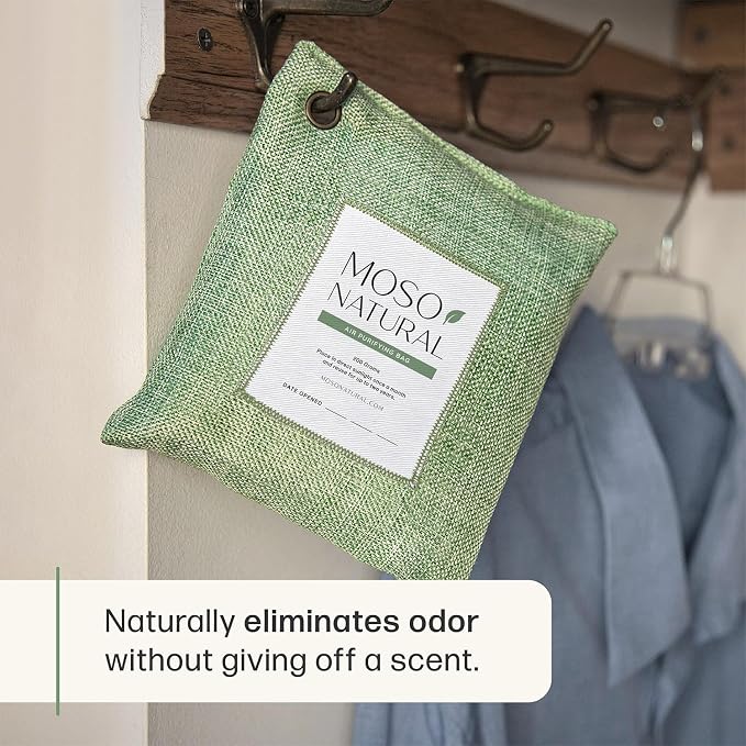 Moso Natural Air Purifying Bag 200g (3 Pack) Charcoal Odor Absorber, Car Odor Eliminator & Closet Deodorizer for Home & Pet, Lasts 2 Years, Unscented Bamboo Charcoal Bags, HGTV Editors' Pick (Green)