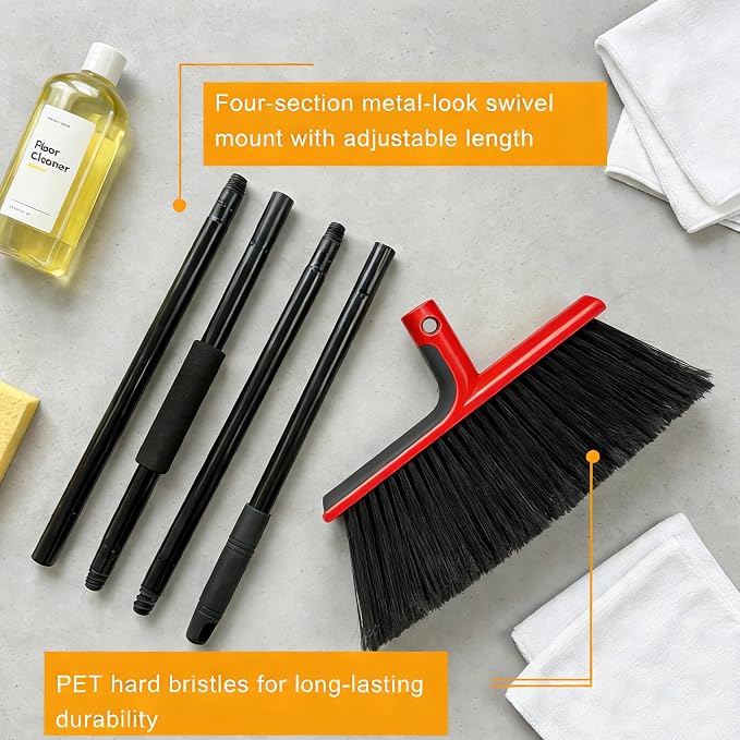 Large Angle Brooms Indoor Outdoor Broom with Long Handle Stiff Bristle Sweeper for Kitchen Garage Deck Courtyard Lobby Patio Lawn Leaves (Red)