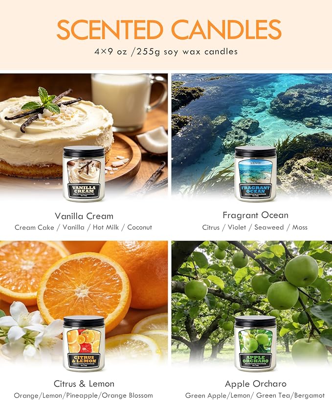 AOOVOO 4 Pack Odor Eliminating Candle Set - 36 oz Non Toxic Soy Candle | Highly Fragranced, Up to 200 Hours Burn time, Eliminates 95% of Pet, Smoke, Food, and Other Smells Quickly
