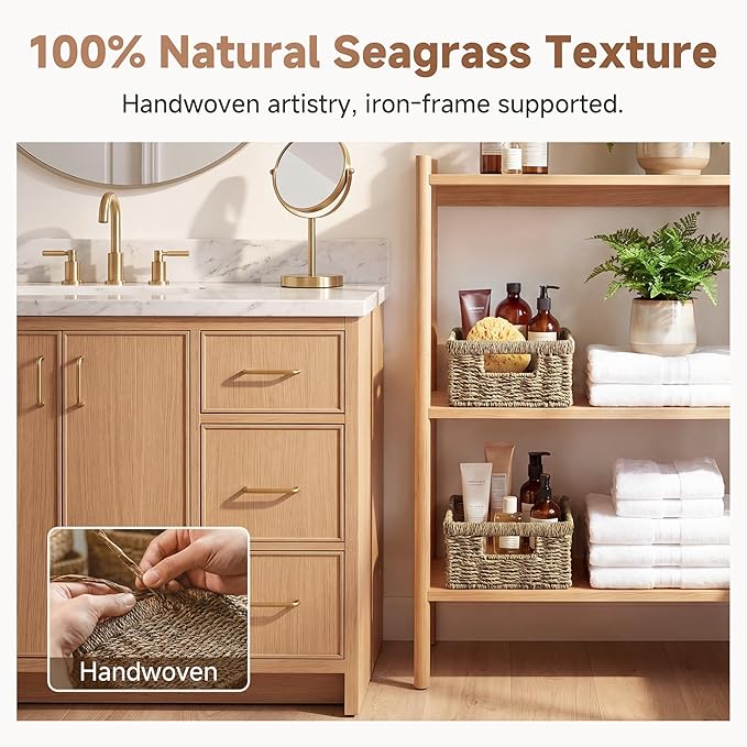 StorageWorks Wicker Baskets for Organizing,Seagrass Baskets for Decor,2Pack | Rectangle Wicker Baskets for Organizing, Wicker Storage Baskets for Shelves, Decorative Baskets,Seagrass Baskets with Handles