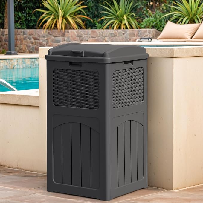 Greesum 33 Gallon Outdoor Trash Can with Lid, Waterproof Design, Gray | Resin Garbage Bin for Hideaway, Deck, Patio