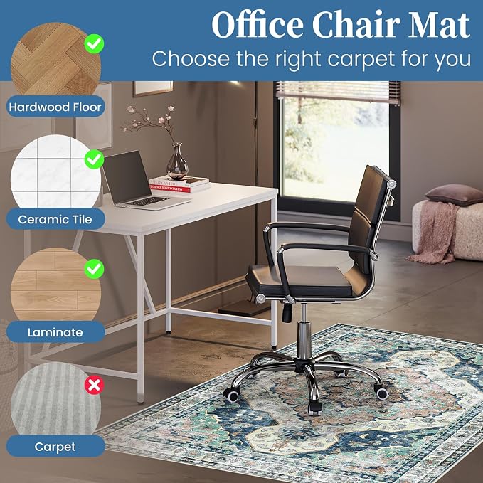 Office Chair Mat for Hardwood Floor&Tile Floor,36"X 48"-Blue Flower | Heavy Duty Desk Chair Mat for Hard Floors,Under Desk Rug for Rolling Computer Chair,Anti Slip,Low Pile Carpet Floor