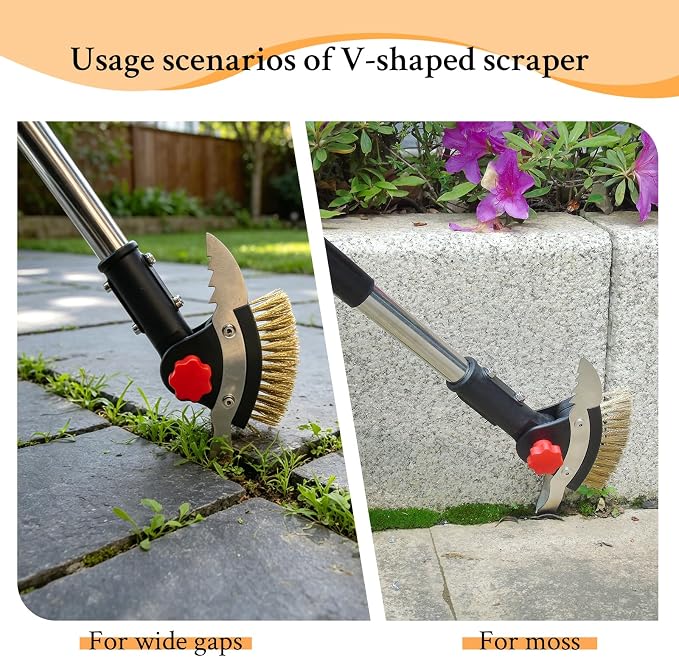 Crevice Weeding Tool Long Handle - Weed Scraper for Patio Pavers | Stainless Steel Weed Brush & Dual Scrapers, Adjustable 30.3"-58.66" Handle, for Driveway Sidewalk Patio Paver Crevice Weeding