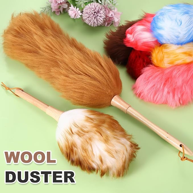 uxcell Wool Duster, 14.2" Natural Feather Cleaner Household Cleaning Duster with Solid Wooden Handle for Cleaning Fans Window Blinds Shelves Furniture, White Gold