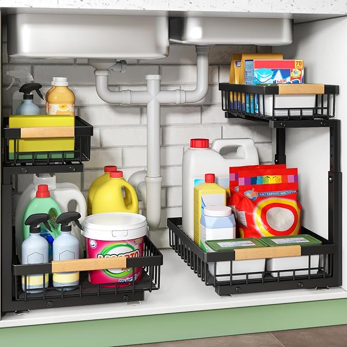 Kitstorack Under Sink Organizer, 2 Tier Under the Sink Storage, Slide out Pull out Cabinet Organizer Shelf, Metal Sliding Drawer for Kitchen Bathroom Pantry Closet Organization Rack, Black, 2 Pack
