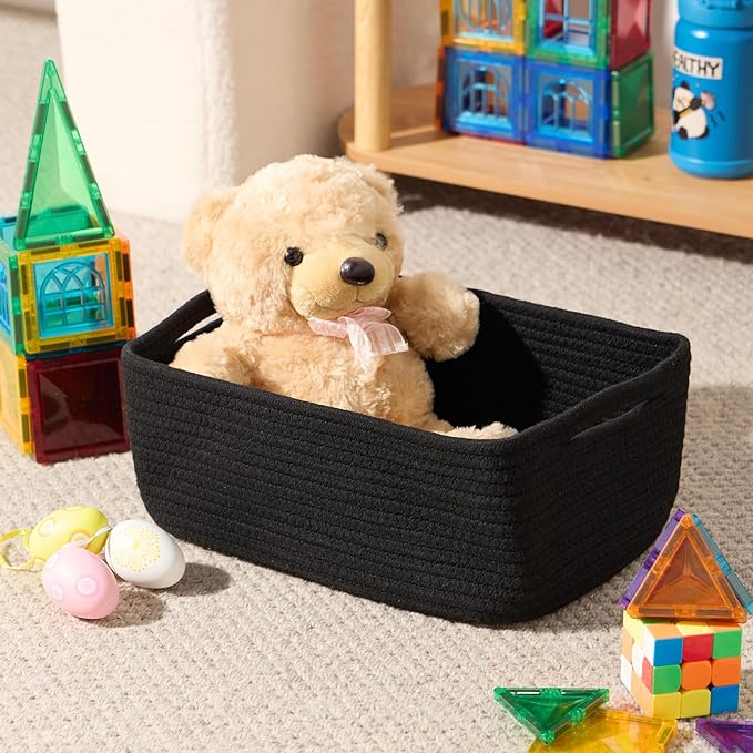 MiniArk Small Storage Baskets for Organizing | Closet Organizer Bins | Shelf Toy Basket | Woven Rope Baskets | Cube Decorative Box | Shallow Basket | 13x8.5x5.1” | 3 Packs Black
