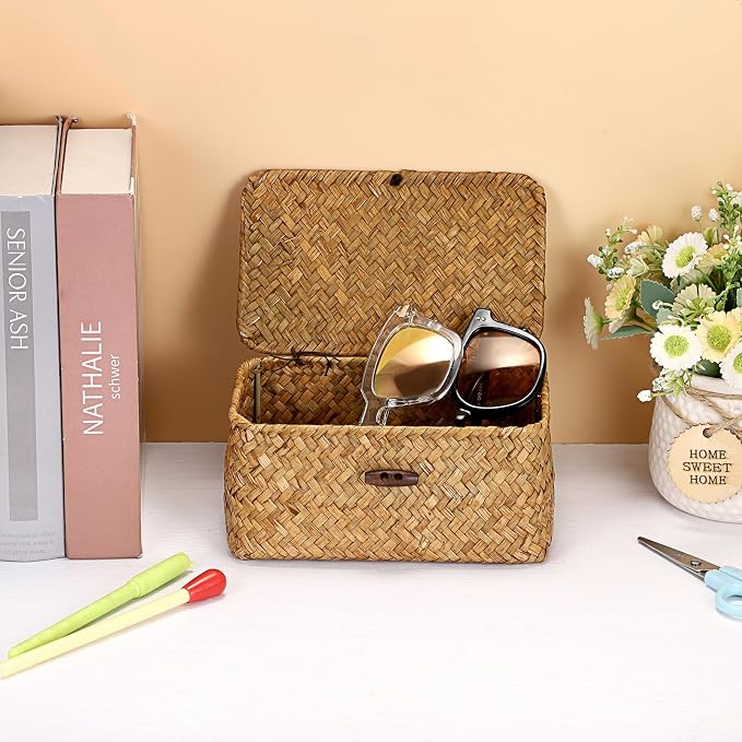 Hipiwe Seagrass Basket Key Holder Box for Entryway Tabletop Desk Organizer with Lid Handwoven Wicker Storage Bin for Hair Ties Candy, Whitewash 6.1" x 4" x 3.3"