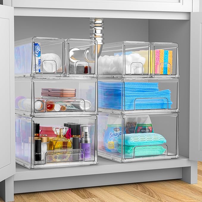 Sorbus Clear Stackable Storage Drawers with Pull-Out Bins (Small, 2 Pack) | Easy-access plastic organization for pantries, offices, bathrooms and closets; supports sorting and visibility.